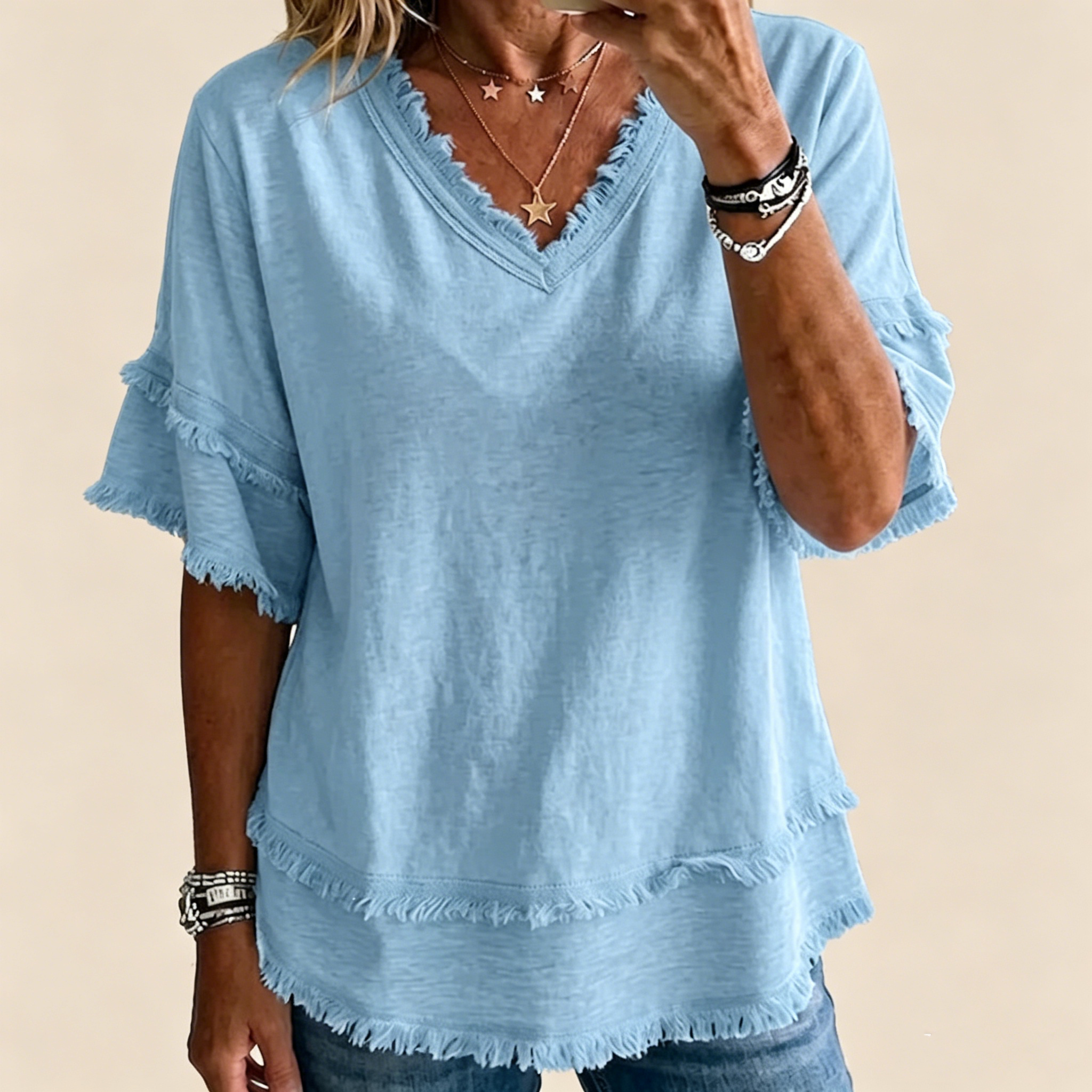 🌷Vintage Frayed V-Neck Linen Blend Top | Effortless Summer Comfort