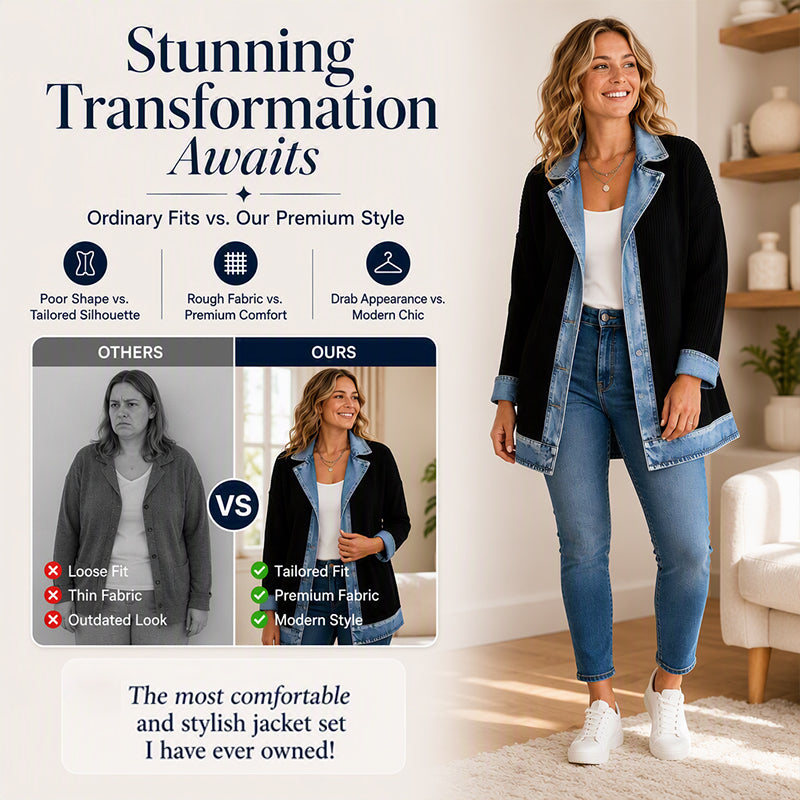 Seasonal Style🛍️Women’s Elegant Denim Spliced Ribbed Knit Coat