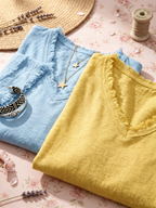 🌷Vintage Frayed V-Neck Linen Blend Top | Effortless Summer Comfort