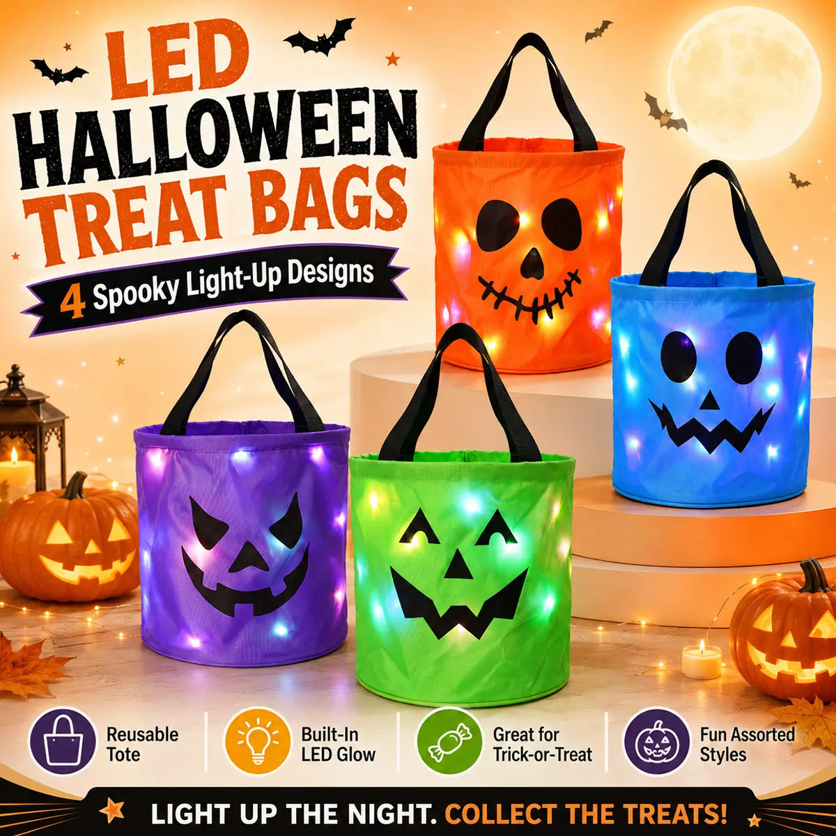 LED Halloween Candy Buckets – 3 or 4-Piece Trick-or-Treat Set
