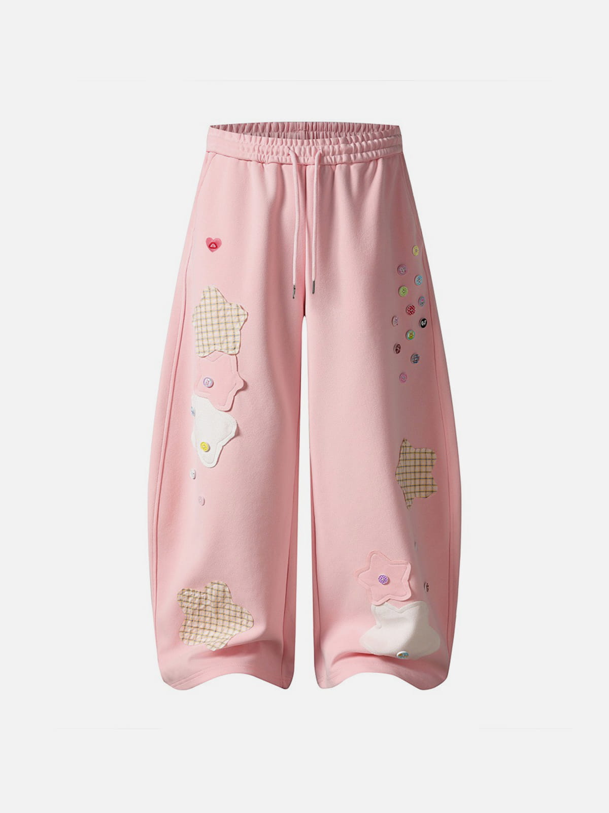 Front view of star patch baggy barrel sweatpants