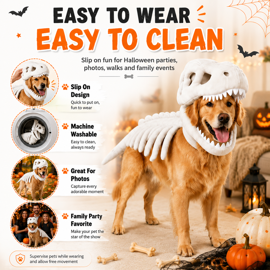🦖 T-Rex Dinosaur Dog Costume | Glow Skeleton Halloween Outfit For Pets