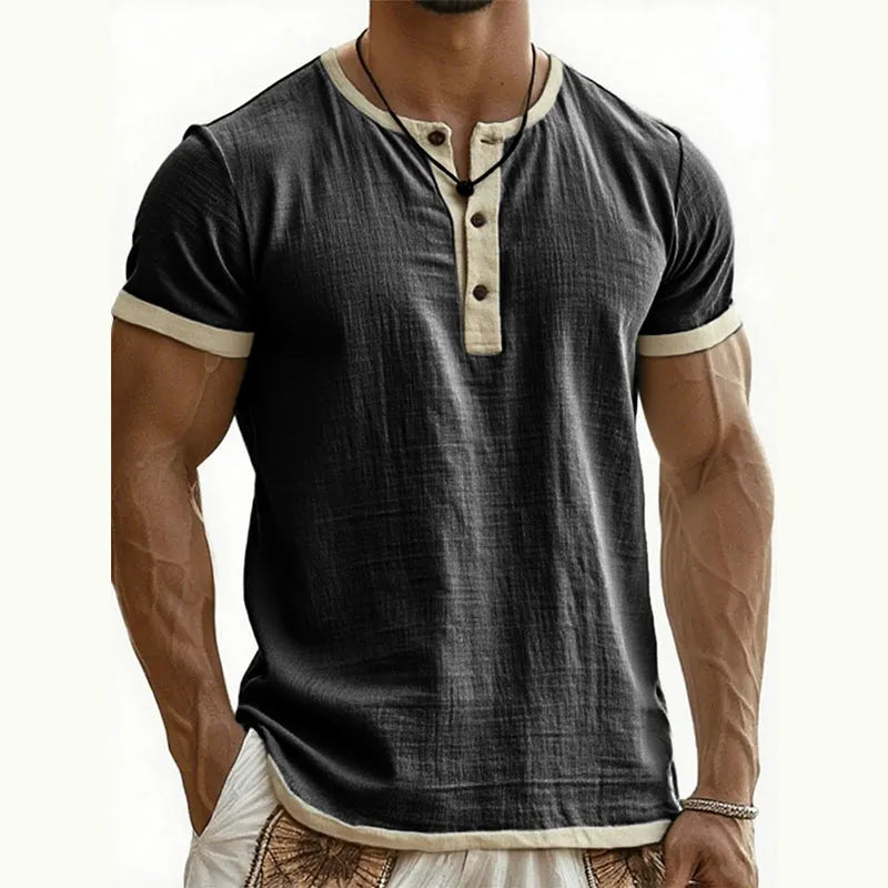 Men's breathable short sleeve contrast trim Henley shirt