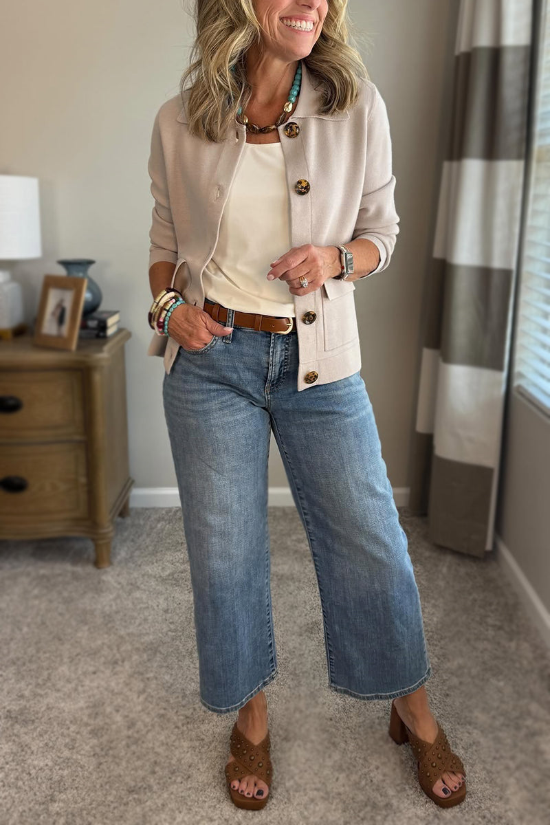 Beige casual jacket styled with jeans