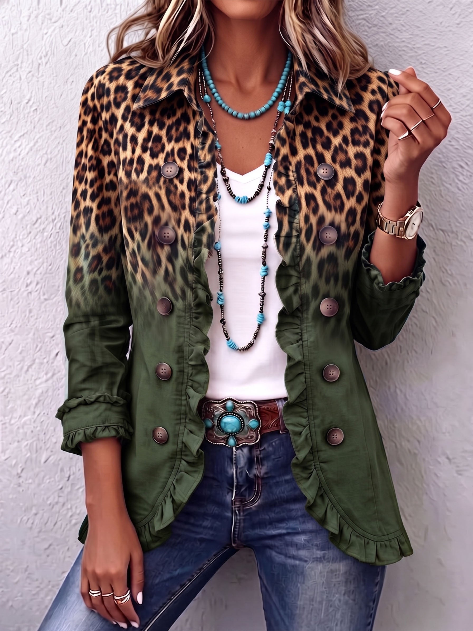 🤲LAST DAY SAVE 49% ⏰Bold Boho Leopard & Teal Ruffle Blazer Jacket